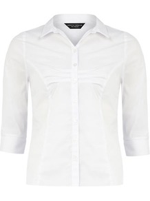 White Shirt - neckline: shirt collar/peter pan/zip with opening; pattern: plain; style: shirt; bust detail: ruching/gathering/draping/layers/pintuck pleats at bust; predominant colour: white; occasions: casual, work; length: standard; fibres: polyester/polyamide - 100%; fit: tailored/fitted; sleeve length: 3/4 length; sleeve style: standard; pattern type: fabric; texture group: other - light to midweight