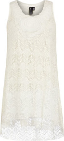 Cream Floral Tunic Dress - style: tunic; length: mid thigh; neckline: round neck; sleeve style: sleeveless; predominant colour: ivory; occasions: casual, evening, holiday; fit: soft a-line; fibres: polyester/polyamide - stretch; sleeve length: sleeveless; texture group: lace; pattern type: fabric; embellishment: lace
