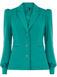 Green Buttoned Blouse Jacket - pattern: plain; style: single breasted blazer; sleeve style: balloon; collar: standard lapel/rever collar; predominant colour: emerald green; occasions: casual, evening, work; length: standard; fit: tailored/fitted; fibres: polyester/polyamide - stretch; sleeve length: long sleeve; collar break: medium; pattern type: fabric; texture group: woven light midweight