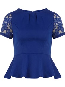 Blue Capped Sleeve Peplum Top - pattern: plain; shoulder detail: contrast pattern/fabric at shoulder; waist detail: peplum waist detail; predominant colour: navy; occasions: evening, work; length: standard; style: top; fibres: polyester/polyamide - stretch; fit: tailored/fitted; neckline: crew; sleeve length: short sleeve; sleeve style: standard; hip detail: ruffles/tiers/tie detail at hip; pattern type: fabric; texture group: jersey - stretchy/drapey; embellishment: lace