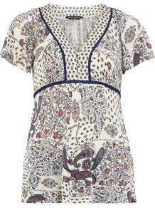 Paisley Mix Jersey Gypsy Top - neckline: v-neck; pattern: paisley; bust detail: buttons at bust (in middle at breastbone)/zip detail at bust; predominant colour: white; occasions: casual, work, holiday; length: standard; style: top; fibres: polyester/polyamide - 100%; fit: empire; sleeve length: short sleeve; sleeve style: standard; pattern type: fabric; pattern size: standard; texture group: jersey - stretchy/drapey