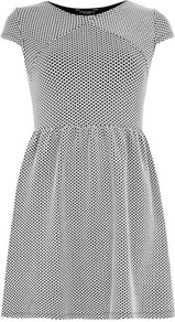 Black And White Prom Dress - length: mid thigh; sleeve style: capped; secondary colour: white; occasions: casual, evening; fit: fitted at waist & bust; style: fit & flare; fibres: polyester/polyamide - stretch; neckline: crew; sleeve length: short sleeve; texture group: cotton feel fabrics; predominant colour: monochrome; pattern type: fabric; pattern size: small & busy; pattern: patterned/print