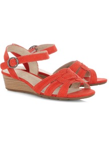 Red Knot Strap Wedge Sandals - predominant colour: bright orange; occasions: casual, holiday; material: fabric; heel height: mid; ankle detail: ankle strap; heel: wedge; toe: open toe/peeptoe; style: strappy; finish: plain; pattern: plain