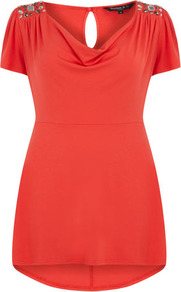 Scarlett & Jo Red Embellished Shoulder Cowl Neck Tunic - neckline: cowl/draped neck; pattern: plain; length: below the bottom; style: tunic; predominant colour: bright orange; occasions: casual, evening; fibres: viscose/rayon - stretch; fit: body skimming; shoulder detail: added shoulder detail; sleeve length: short sleeve; sleeve style: standard; texture group: jersey - stretchy/drapey; embellishment: beading