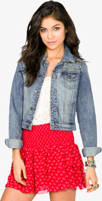 Studded Denim Jacket - pattern: plain; length: cropped; style: denim; predominant colour: denim; occasions: casual; fit: straight cut (boxy); fibres: cotton - 100%; collar: shirt collar/peter pan/zip with opening; sleeve length: long sleeve; sleeve style: standard; texture group: denim; collar break: high; pattern type: fabric