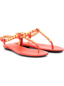 Giant Studded Leather Sandals - predominant colour: coral; secondary colour: gold; occasions: casual, evening, holiday; material: leather; heel height: flat; embellishment: studs; ankle detail: ankle strap; heel: standard; toe: toe thongs; style: flip flops / toe post; finish: plain; pattern: plain