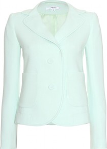 Tailored Jacket - pattern: plain; style: single breasted blazer; collar: standard lapel/rever collar; predominant colour: pistachio; occasions: casual, evening, occasion; length: standard; fit: tailored/fitted; sleeve length: long sleeve; sleeve style: standard; collar break: medium; pattern type: fabric; texture group: woven light midweight; fibres: viscose/rayon - mix