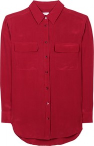 Signature Crepe Button Down Shirt - neckline: shirt collar/peter pan/zip with opening; pattern: plain; length: below the bottom; style: shirt; bust detail: pocket detail at bust; predominant colour: true red; occasions: casual, evening, work; fibres: silk - 100%; fit: straight cut; sleeve length: long sleeve; sleeve style: standard; texture group: silky - light; pattern type: fabric
