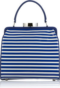 Cobalt And Chalk Stripe Patent Leather Small Eva - predominant colour: royal blue; occasions: casual, evening, work; type of pattern: standard; style: doctor's bag; length: handle; size: standard; material: leather; trends: striking stripes; finish: patent; pattern: horizontal stripes
