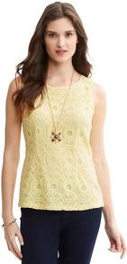 Lace Overlay Shell - neckline: round neck; pattern: plain; sleeve style: sleeveless; predominant colour: primrose yellow; secondary colour: primrose yellow; occasions: casual, work, holiday; length: standard; style: top; fibres: polyester/polyamide - 100%; fit: body skimming; sleeve length: sleeveless; texture group: lace; pattern type: fabric; embellishment: lace