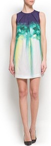 Watercolor Floral Print Dress - style: shift; length: mid thigh; sleeve style: sleeveless; bust detail: ruching/gathering/draping/layers/pintuck pleats at bust; occasions: casual, evening, occasion, holiday; fit: soft a-line; fibres: viscose/rayon - 100%; neckline: crew; back detail: keyhole/peephole detail at back; predominant colour: multicoloured; sleeve length: sleeveless; trends: statement prints; pattern type: fabric; pattern size: big & light; pattern: patterned/print; texture group: other - light to midweight
