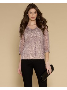 Sally Spot Blouse - neckline: v-neck; style: blouse; pattern: polka dot; secondary colour: ivory; predominant colour: purple; occasions: casual, evening, work; length: standard; fibres: silk - 100%; fit: body skimming; sleeve length: 3/4 length; sleeve style: standard; texture group: sheer fabrics/chiffon/organza etc.; pattern type: fabric; pattern size: small & busy