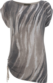 Khloe Print Tunic - neckline: slash/boat neckline; length: below the bottom; style: tunic; back detail: contrast pattern/fabric at back; predominant colour: taupe; secondary colour: charcoal; occasions: casual; fit: body skimming; sleeve length: short sleeve; sleeve style: standard; hip detail: ruffles/tiers/tie detail at hip; pattern type: fabric; pattern size: standard; pattern: patterned/print; texture group: jersey - stretchy/drapey; fibres: viscose/rayon - mix