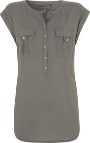 Khaki Military Blouse - sleeve style: capped; pattern: plain; style: blouse; bust detail: buttons at bust (in middle at breastbone)/zip detail at bust; predominant colour: mid grey; occasions: casual; length: standard; fit: body skimming; neckline: crew; sleeve length: short sleeve; texture group: cotton feel fabrics; fibres: viscose/rayon - mix