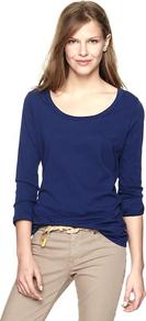 Essential Long Sleeve Crew T - pattern: plain; style: t-shirt; predominant colour: navy; occasions: casual, work; length: standard; neckline: scoop; fibres: cotton - 100%; fit: body skimming; sleeve length: 3/4 length; sleeve style: standard; texture group: cotton feel fabrics; pattern type: fabric