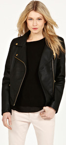 Gold Trim Pu Biker - pattern: plain; style: biker; collar: asymmetric biker; fit: slim fit; predominant colour: black; occasions: casual; length: standard; fibres: polyester/polyamide - mix; sleeve length: long sleeve; sleeve style: standard; texture group: leather; collar break: medium; pattern type: fabric