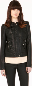 Collarless Bomber - pattern: plain; collar: round collar/collarless; fit: slim fit; style: bomber; predominant colour: black; occasions: casual; length: standard; fibres: polyester/polyamide - 100%; shoulder detail: discreet epaulette; sleeve length: long sleeve; sleeve style: standard; texture group: leather; collar break: high; pattern type: fabric