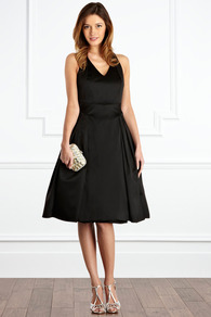 Xanthe Duchess Satin Dress - neckline: low v-neck; pattern: plain; sleeve style: sleeveless; style: full skirt; predominant colour: black; occasions: evening, occasion; length: on the knee; fit: fitted at waist & bust; fibres: polyester/polyamide - stretch; hip detail: sculpting darts/pleats/seams at hip; back detail: crossover; sleeve length: sleeveless; texture group: structured shiny - satin/tafetta/silk etc.; trends: volume; pattern type: fabric