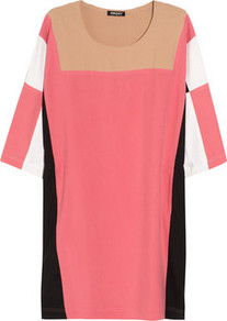 Color Block Brushed Silk Dress - style: tunic; neckline: round neck; fit: loose; pattern: plain, patterned/print, colourblock; predominant colour: pink; occasions: casual; length: just above the knee; fibres: silk - 100%; bust detail: contrast pattern/fabric/detail at bust; sleeve length: 3/4 length; sleeve style: standard; texture group: silky - light; trends: modern geometrics; pattern type: fabric; pattern size: big & light