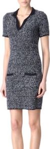 Boucl Dress - style: shift; length: mid thigh; neckline: v-neck; pattern: plain; predominant colour: navy; occasions: evening, work; fit: body skimming; fibres: cotton - mix; sleeve length: short sleeve; sleeve style: standard; trends: glamorous day shifts; pattern type: fabric; pattern size: small & light; texture group: tweed - light/midweight