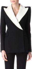 Contrast Lapels Jacket - pattern: plain; style: single breasted tuxedo; shoulder detail: shoulder pads; collar: wide lapels; length: below the bottom; occasions: evening, occasion; fit: tailored/fitted; fibres: wool - mix; sleeve length: long sleeve; sleeve style: standard; predominant colour: monochrome; trends: tuxedo; collar break: medium; pattern type: fabric; texture group: other - light to midweight