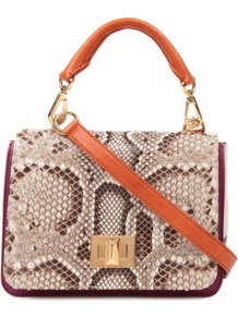 Python And Canvas Satchel - predominant colour: chocolate brown; occasions: casual, work; type of pattern: standard; style: satchel; length: across body/long; size: standard; material: leather; pattern: animal print, patterned/print; finish: plain