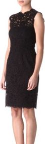 Lace Dress - style: shift; pattern: plain, florals; sleeve style: sleeveless; waist detail: fitted waist; predominant colour: black; occasions: evening, occasion; length: on the knee; fit: body skimming; fibres: nylon - mix; neckline: crew; sleeve length: sleeveless; texture group: lace; pattern type: fabric; pattern size: standard