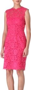 Lace Dress - style: shift; fit: tight; pattern: plain, florals; sleeve style: sleeveless; waist detail: fitted waist; hip detail: fitted at hip; predominant colour: hot pink; occasions: evening, occasion; length: just above the knee; fibres: polyester/polyamide - 100%; neckline: crew; sleeve length: sleeveless; texture group: lace; pattern type: fabric; pattern size: standard