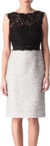 Tweed And Lace Dress - style: shift; fit: tailored/fitted; sleeve style: sleeveless; waist detail: fitted waist, belted waist/tie at waist/drawstring; hip detail: fitted at hip; pattern: herringbone/tweed, patterned/print; predominant colour: black; occasions: evening, occasion; length: on the knee; fibres: cotton - mix; neckline: crew; bust detail: contrast pattern/fabric/detail at bust; sleeve length: sleeveless; texture group: lace; pattern type: fabric; pattern size: light/subtle