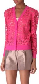 Lace Cardigan - neckline: v-neck; pattern: plain, patterned/print; bust detail: buttons at bust (in middle at breastbone)/zip detail at bust, contrast pattern/fabric/detail at bust; predominant colour: hot pink; occasions: evening, work, occasion, holiday; length: standard; style: standard; fibres: cotton - mix; fit: standard fit; shoulder detail: added shoulder detail; sleeve length: long sleeve; sleeve style: standard; texture group: lace; trends: high impact florals, statement prints, fluorescent; pattern type: fabric; pattern size: small & busy