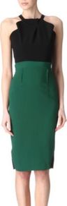 Abbotsford Dress - style: shift; neckline: high square neck; fit: tailored/fitted; pattern: plain, colourblock; sleeve style: sleeveless; waist detail: fitted waist; back detail: low cut/open back; hip detail: fitted at hip, sculpting darts/pleats/seams at hip; bust detail: ruching/gathering/draping/layers/pintuck pleats at bust, contrast pattern/fabric/detail at bust, tiers/frills/bulky drapes/pleats; predominant colour: emerald green; occasions: evening, occasion; length: on the knee; fibres: polyester/polyamide - stretch; sleeve length: sleeveless; pattern type: fabric; pattern size: standard; texture group: jersey - stretchy/drapey