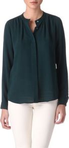 Latavia Blouse - pattern: plain; neckline: high neck; style: blouse; predominant colour: dark green; occasions: casual, work; length: standard; fibres: silk - 100%; fit: straight cut; sleeve length: long sleeve; sleeve style: standard; texture group: sheer fabrics/chiffon/organza etc.; pattern type: fabric