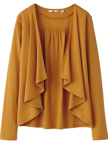 Women Long Sleeve Stole Cardigan 22 Orange - neckline: waterfall neck; bust detail: ruching/gathering/draping/layers/pintuck pleats at bust; style: open front; predominant colour: camel; occasions: casual, work; length: standard; fibres: cotton - 100%; fit: loose; sleeve length: long sleeve; sleeve style: standard; pattern type: fabric; texture group: jersey - stretchy/drapey