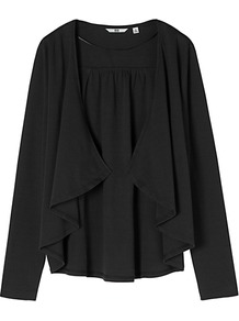 Women Long Sleeve Stole Cardigan 09 Black - neckline: waterfall neck; bust detail: ruching/gathering/draping/layers/pintuck pleats at bust; style: open front; predominant colour: black; occasions: casual, work; length: standard; fibres: cotton - 100%; fit: loose; sleeve length: long sleeve; sleeve style: standard; texture group: knits/crochet; pattern type: knitted - fine stitch