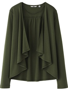 Women Long Sleeve Stole Cardigan 57 Olive - neckline: waterfall neck; style: open front; predominant colour: dark green; occasions: casual, work; length: standard; fibres: cotton - 100%; fit: loose; sleeve length: long sleeve; sleeve style: standard; texture group: knits/crochet; pattern type: knitted - fine stitch