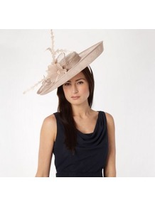 Natural Floral Feather Saucer Hair Piece - predominant colour: stone; occasions: evening, occasion; type of pattern: standard; style: wide brimmed; size: large; material: sinamay; embellishment: feather; pattern: plain