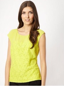 Lime Lace Front Shell Top - neckline: round neck; sleeve style: capped; predominant colour: yellow; occasions: casual, work, holiday; length: standard; style: top; fibres: polyester/polyamide - stretch; fit: straight cut; bust detail: contrast pattern/fabric/detail at bust; sleeve length: sleeveless; trends: fluorescent; pattern type: fabric; pattern size: small & light; texture group: jersey - stretchy/drapey; embellishment: embroidered