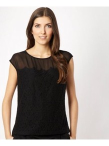 Black Lace Front Shell Top - neckline: round neck; sleeve style: capped; pattern: plain; predominant colour: black; occasions: casual, evening, work, holiday; length: standard; style: top; fibres: polyester/polyamide - 100%; fit: loose; bust detail: contrast pattern/fabric/detail at bust; sleeve length: short sleeve; pattern type: fabric; texture group: other - light to midweight; embellishment: lace