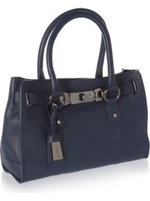 Designer Navy Mini Tote Bag - predominant colour: navy; occasions: casual; style: tote; length: handle; size: standard; material: leather; pattern: plain; finish: plain