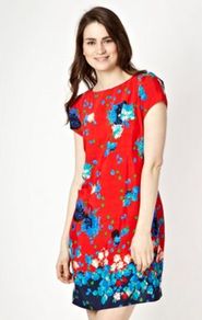 Red Floral Dress - style: shift; length: mid thigh; neckline: slash/boat neckline; sleeve style: capped; predominant colour: true red; occasions: casual, evening, work, occasion; fit: body skimming; fibres: polyester/polyamide - 100%; sleeve length: short sleeve; trends: high impact florals; pattern type: fabric; pattern size: standard; pattern: florals, patterned/print; texture group: jersey - stretchy/drapey