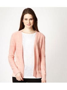 Peach Open Front Asymmetric Cardigan - pattern: plain; neckline: collarless open; style: open front; predominant colour: coral; occasions: casual; length: standard; fibres: cotton - mix; fit: standard fit; sleeve length: long sleeve; sleeve style: standard; texture group: knits/crochet; pattern type: knitted - other