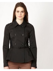 Black Peplum Trench Jacket - pattern: plain; length: standard; style: double breasted; predominant colour: black; occasions: casual, evening, work; fit: tailored/fitted; fibres: polyester/polyamide - stretch; collar: shirt collar/peter pan/zip with opening; waist detail: belted waist/tie at waist/drawstring; sleeve length: long sleeve; sleeve style: standard; collar break: high; pattern type: fabric; texture group: other - light to midweight