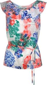 Print Blouse - neckline: round neck; sleeve style: sleeveless; style: blouse; waist detail: belted waist/tie at waist/drawstring; bust detail: ruching/gathering/draping/layers/pintuck pleats at bust, tiers/frills/bulky drapes/pleats; predominant colour: ivory; occasions: casual, evening, work; length: standard; fibres: polyester/polyamide - 100%; fit: straight cut; sleeve length: short sleeve; texture group: sheer fabrics/chiffon/organza etc.; trends: high impact florals, statement prints; pattern type: fabric; pattern size: big & busy; pattern: florals, patterned/print