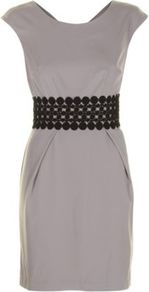 Light Grey Adelaide Dress - style: shift; neckline: round neck; sleeve style: capped; fit: tailored/fitted; pattern: plain; waist detail: embellishment at waist/feature waistband; predominant colour: mid grey; secondary colour: black; occasions: evening, work, occasion; length: just above the knee; fibres: polyester/polyamide - stretch; hip detail: structured pleats at hip; sleeve length: short sleeve; pattern type: fabric; texture group: other - stretchy; embellishment: lace