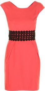 Red Brick Adelaide Dress - style: shift; length: mid thigh; neckline: round neck; sleeve style: capped; fit: tailored/fitted; pattern: plain; waist detail: embellishment at waist/feature waistband; predominant colour: coral; secondary colour: black; occasions: evening; fibres: polyester/polyamide - stretch; hip detail: structured pleats at hip; sleeve length: sleeveless; texture group: cotton feel fabrics; pattern type: fabric; embellishment: lace