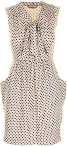 Cream Kelsey Dress - style: shift; fit: fitted at waist; sleeve style: sleeveless; hip detail: side pockets at hip; neckline: pussy bow; pattern: polka dot; predominant colour: white; secondary colour: black; occasions: casual; length: just above the knee; fibres: polyester/polyamide - 100%; sleeve length: sleeveless; texture group: silky - light; pattern type: fabric; pattern size: small & busy