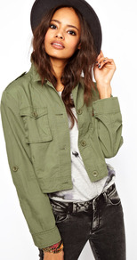 Cropped Utility Jacket - pattern: plain; length: cropped; collar: high neck; style: boxy; predominant colour: khaki; occasions: casual; fit: straight cut (boxy); fibres: cotton - 100%; shoulder detail: discreet epaulette; sleeve length: long sleeve; sleeve style: standard; texture group: cotton feel fabrics; collar break: high; pattern type: fabric