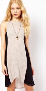 Hi Low Column Dress - length: mid thigh; neckline: round neck; sleeve style: sleeveless; style: vest; predominant colour: stone; occasions: casual, evening; fit: body skimming; fibres: polyester/polyamide - mix; back detail: longer hem at back than at front; sleeve length: sleeveless; pattern type: fabric; pattern size: small & light; pattern: patterned/print, colourblock; texture group: jersey - stretchy/drapey