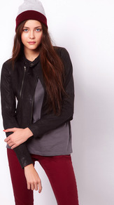 Collarless Leather Jacket - pattern: plain; style: biker; collar: standard biker; fit: slim fit; predominant colour: black; occasions: casual, evening; length: standard; fibres: leather - 100%; sleeve length: long sleeve; sleeve style: standard; texture group: leather; collar break: high/illusion of break when open; pattern type: fabric