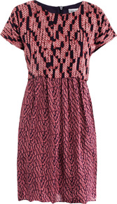 Knit Print Silk Dress - style: shift; length: mid thigh; neckline: round neck; fit: tailored/fitted; waist detail: fitted waist; predominant colour: hot pink; occasions: casual, evening, work; fibres: silk - 100%; hip detail: contrast fabric/print detail at hip, soft pleats at hip/draping at hip/flared at hip; bust detail: contrast pattern/fabric/detail at bust; sleeve length: short sleeve; sleeve style: standard; texture group: sheer fabrics/chiffon/organza etc.; trends: modern geometrics; pattern type: fabric; pattern size: small & busy; pattern: patterned/print